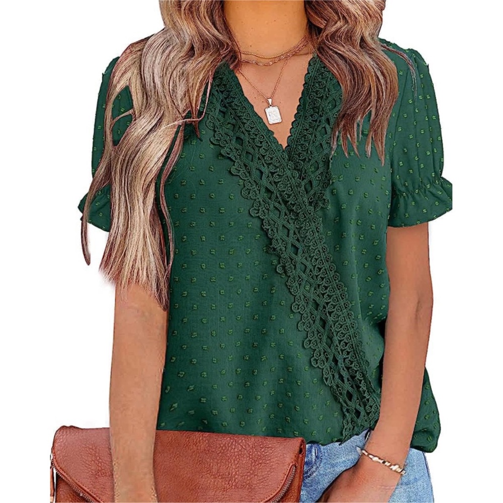 LOLONG Short Sleeve Faux Wrap Lace Blouse, Dark Green, Size XL